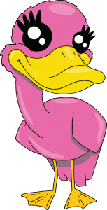 Deedely Dee, a pink mother duck with big friendly eyes.