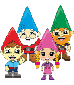 Gnomes from Gnomeland ,top left Norman, top right Trainer, bottom left Nicky, bottom right Nellie. All smiling widely.