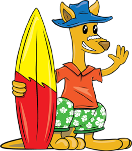 Kangy the Surfer holding his red and yellow surfboard