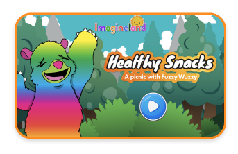 Fuzzy Wuzzy in the Imagineland forest waiting to play the Healthy Snacks game