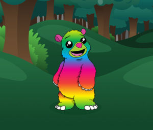 Fuzzy Wuzzy the colourful rainbow in the Imagineland forest.