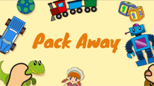 Pack Away song title on background of toddler toys.