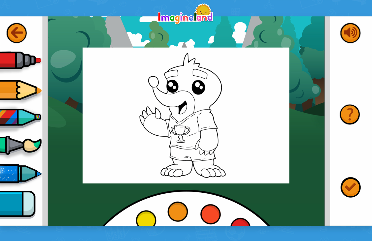Black and white colouring picture of Roley Poley with pen selection to colour in with.