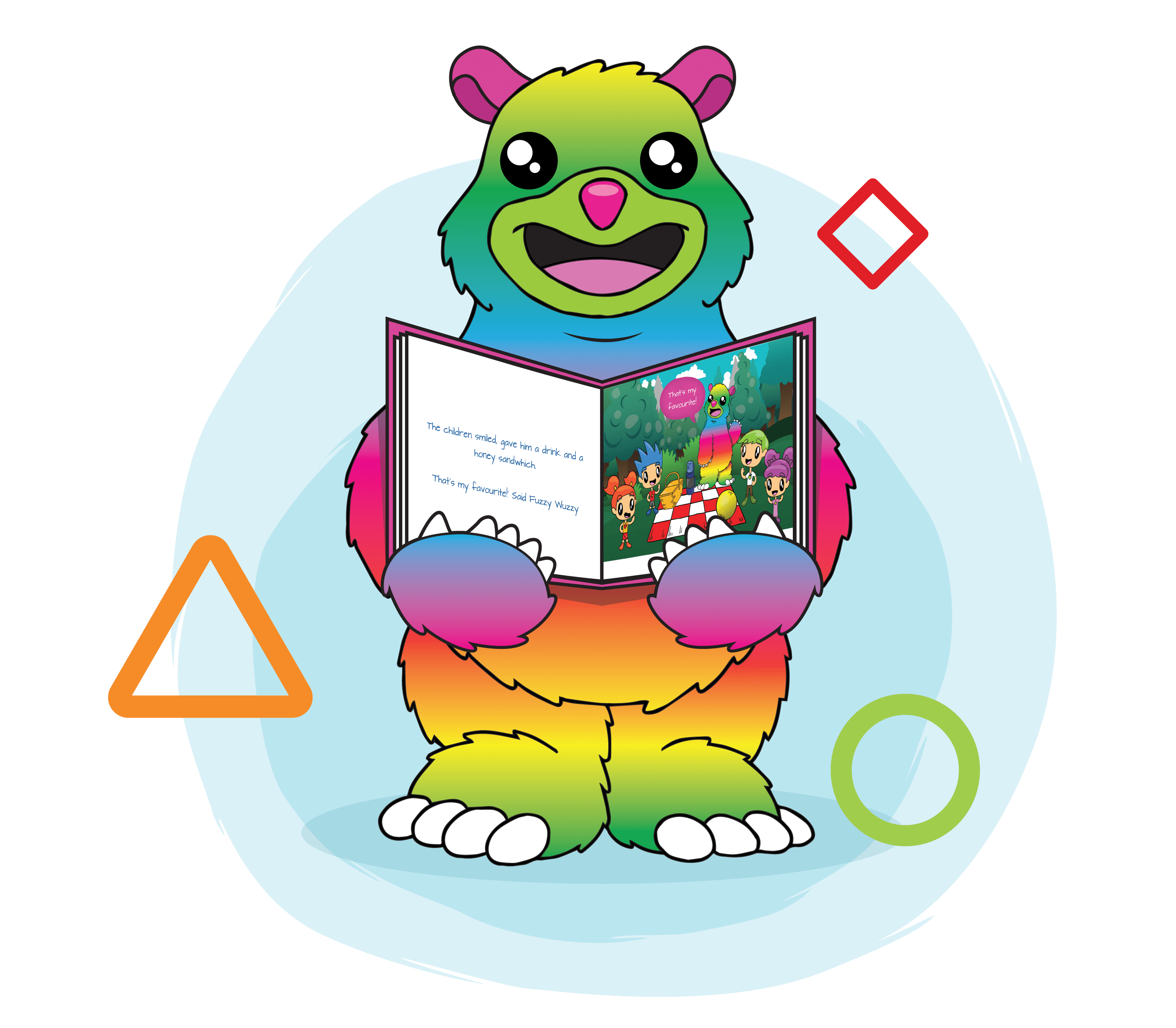 Fuzzy Wuzzy holding an Imagineland story book open for all to read and share.