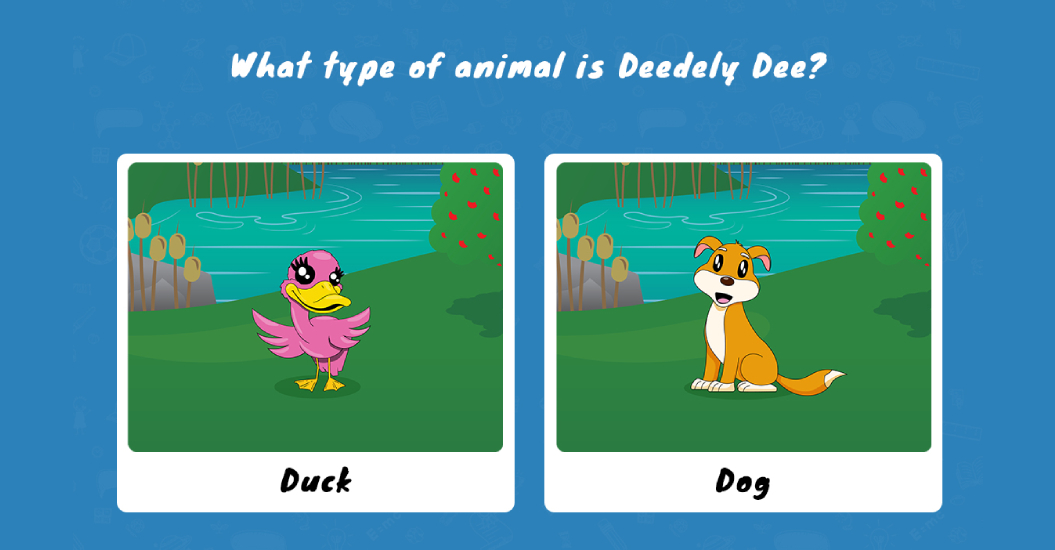 Memory Match game question, asking if Deedely Dee is a duck, image one or a dog in image two.