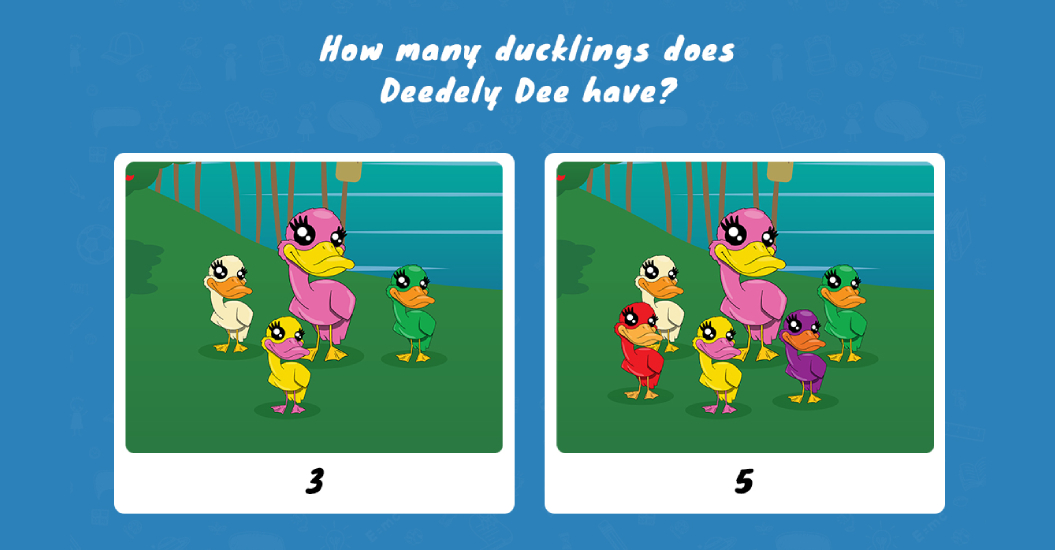 Memory Match image one of Deedely Dee with three ducklings. Image two shows Deedely Dee with 5 ducklings.