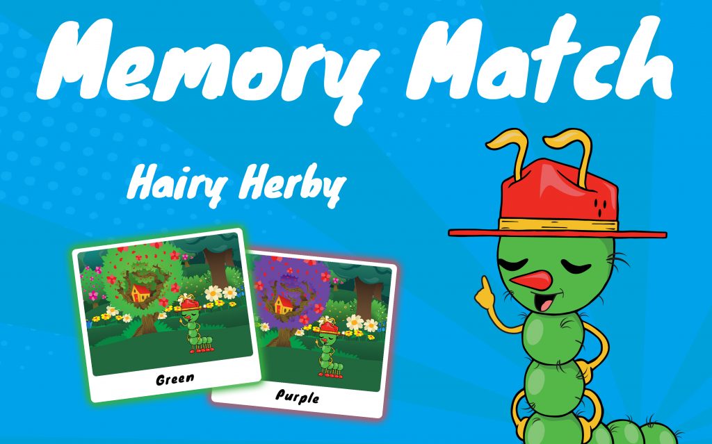 Memory Match Hairy Herby game title with Hairy Herby.