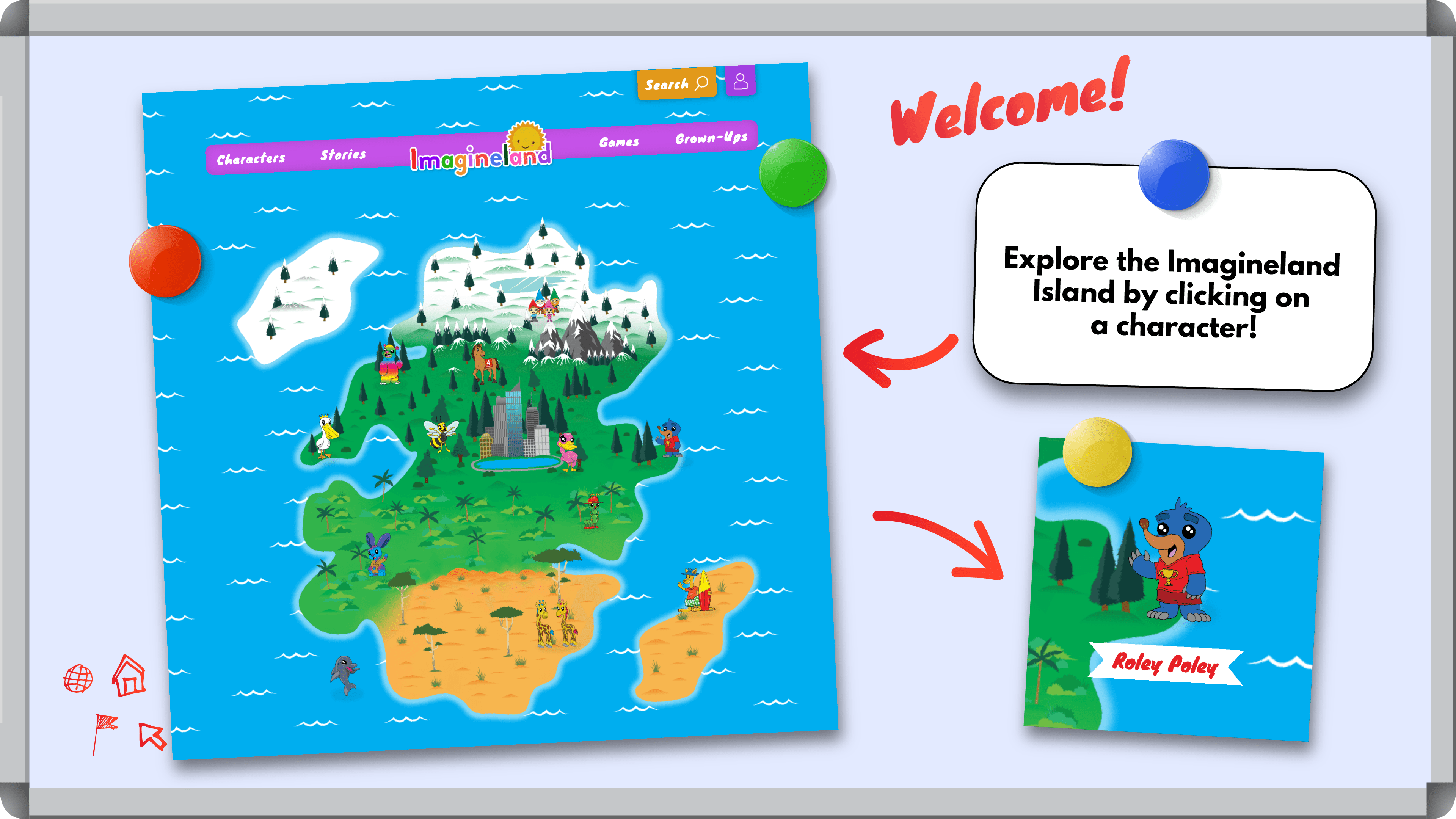 White board showing the Imagineland Island and Home page. Welcome to Imagineland, find your favourite character.