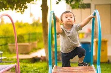 Young boy playing on a climbing frame.