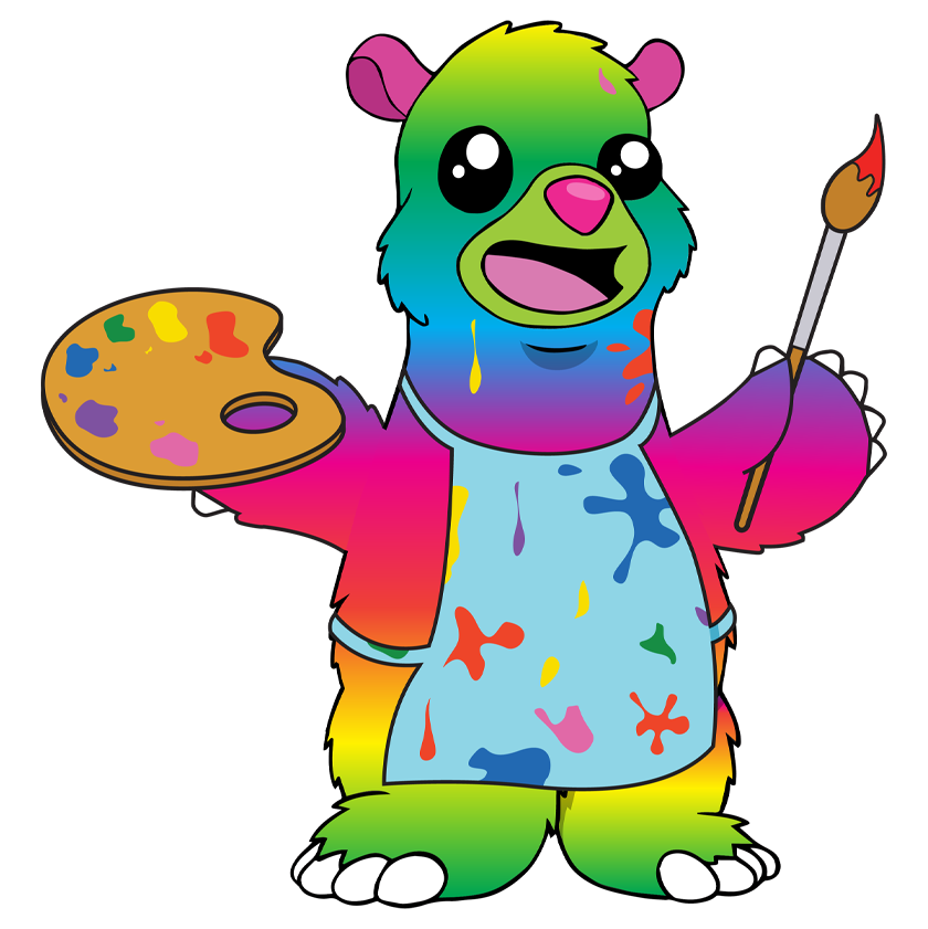 Fuzzy Wuzzy the colourful bear splashed with paint and holding a painting palette and paint brush.