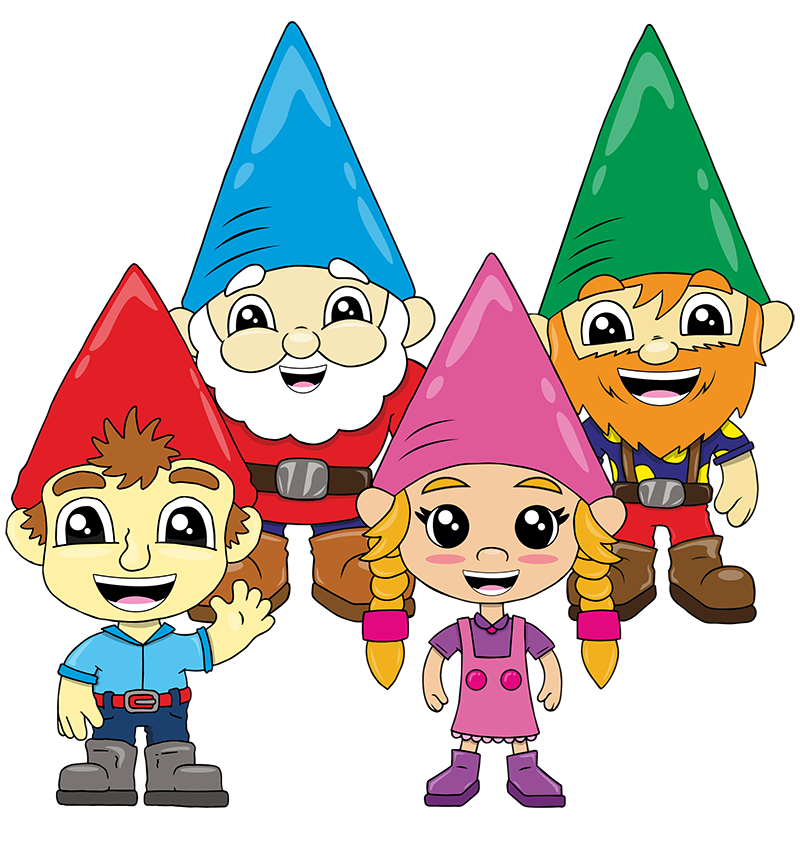 The four smiling gnomes from Gnomeland, back left Norman, back right, Trainer, bottom left Nicky and bottom right Nellie Gnome.