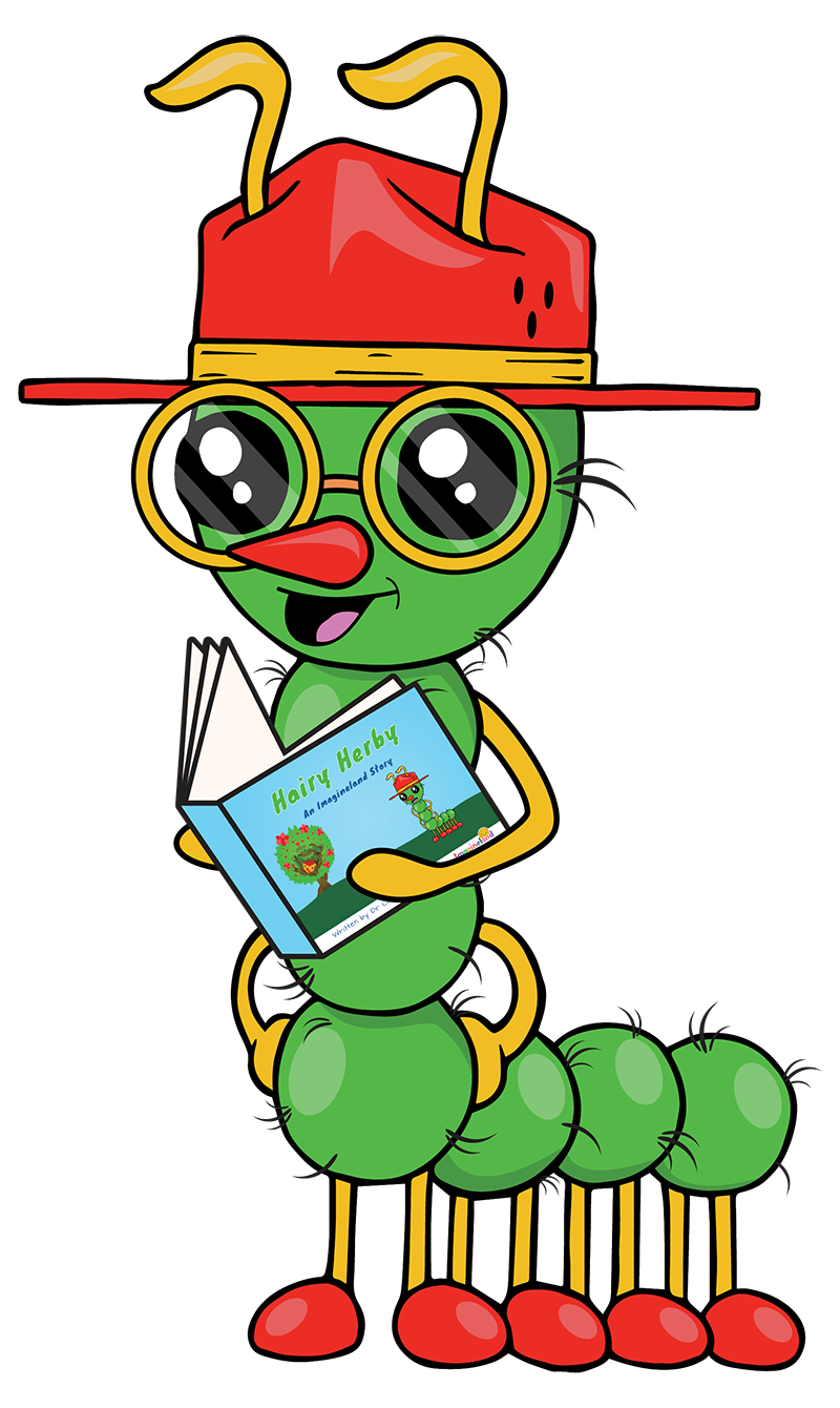 Hairy Herby the insect holding his Imagineland story book, whilst wearing a red hat and yellow round glasses.
