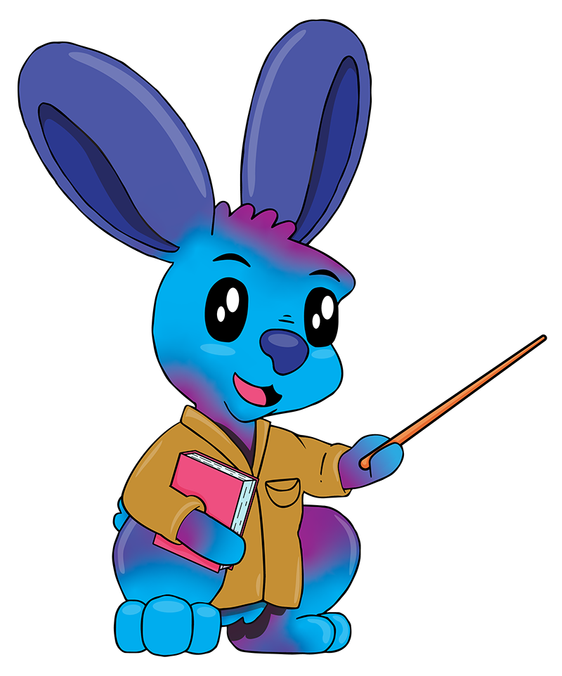 Rexzy the Rabbit wearing a brown jacket and carrying a pink book under his arm, with a pointing stick in her paw.